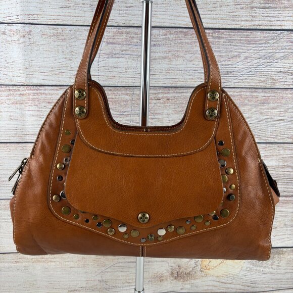 Patricia Nash Ergo Studded Leather Satchel Handbag Brown Cognac - Picture 2 of 15